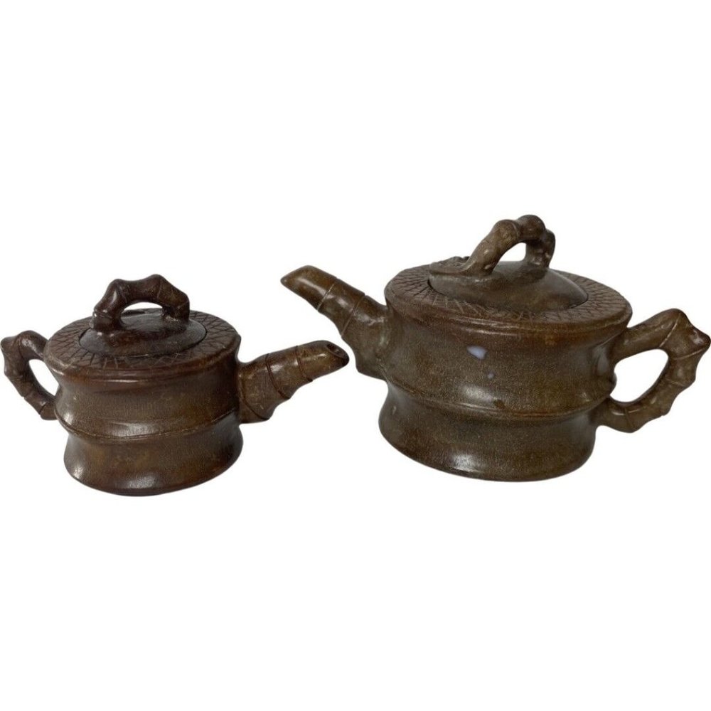 Soapstone Teapot Vintage Asian Carved Soapstone Mini Set of 2 Brown